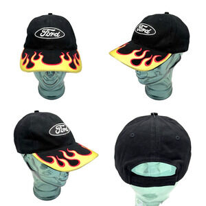 Vintage 00s Ford Oval Hot Rods Plus Black Canvas Flame Embroidered Strapback Hat